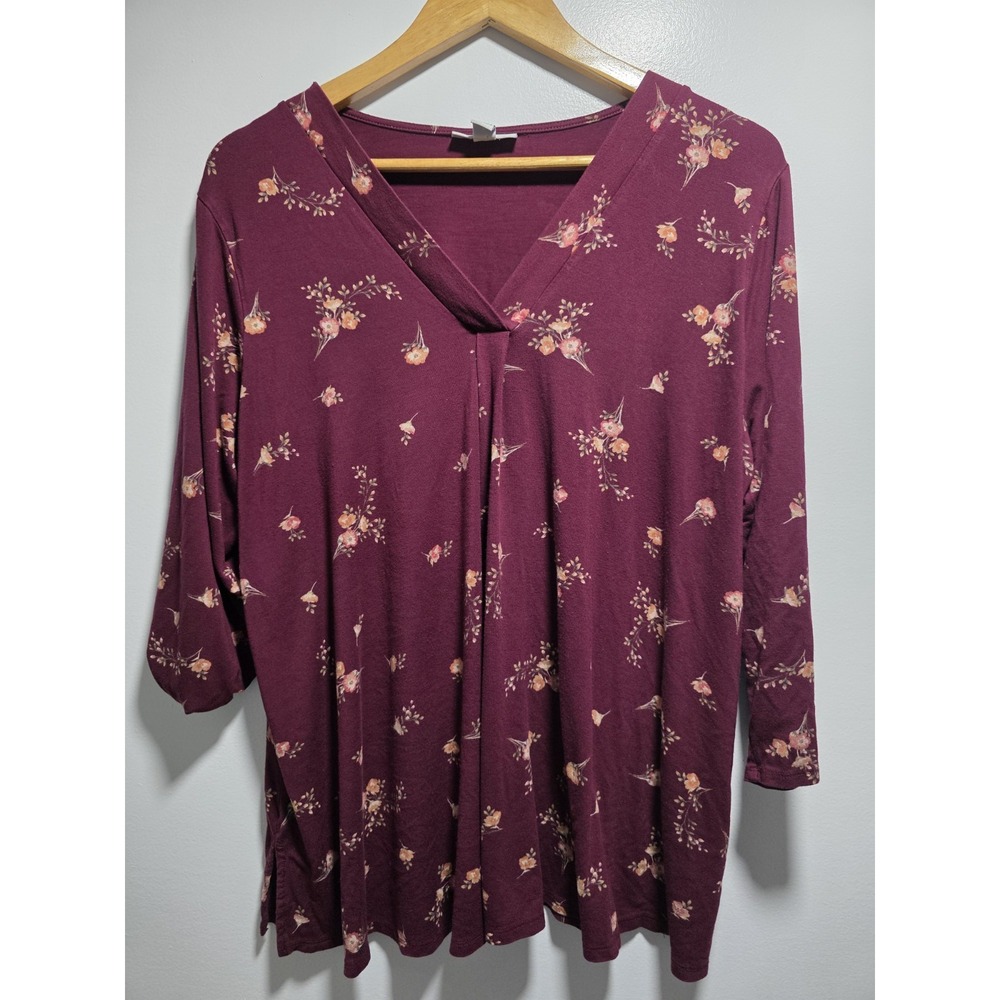 Croft & Barrow Womens Blouse Top Floral V-Neck Tunic 3/4 Sleeve Size XL